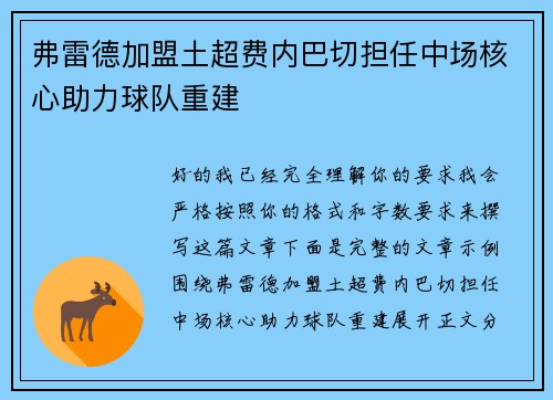 弗雷德加盟土超费内巴切担任中场核心助力球队重建