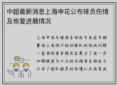 中超最新消息上海申花公布球员伤情及恢复进展情况 中超最新消息上海申花公布球员伤情及恢复进展情况