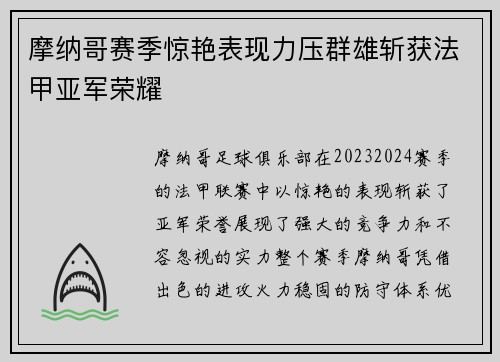 摩纳哥赛季惊艳表现力压群雄斩获法甲亚军荣耀